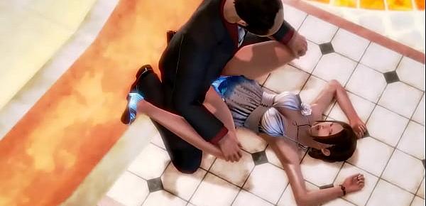  Pretty girl hentai in beautiful dress having sex with a man at the hotel entrance